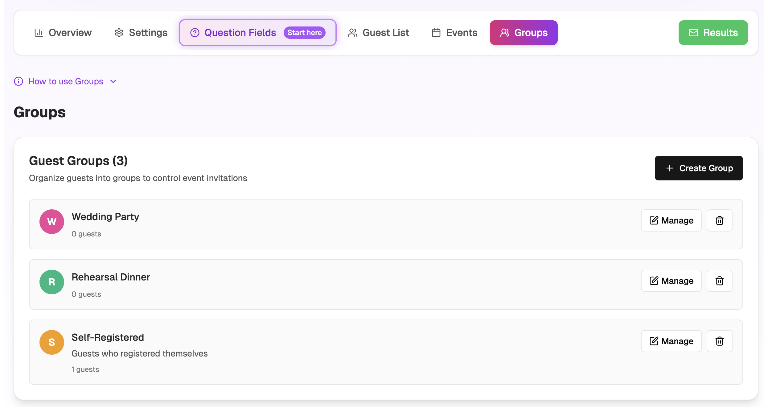 Example of guest groups organized on a digital RSVP platform
